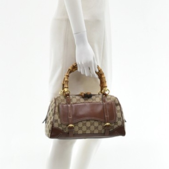 Auth Gucci bamboo leather Guccissima monogram Boston flap pocket handbag vintage - Picture 9 of 9